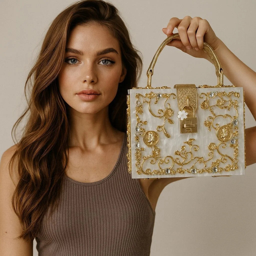 Women Acrylic Evening Clutch Handbag Marble Beaded Gold Flower Purses Circle Handle Handbag Square Box Handbags for Young Girl