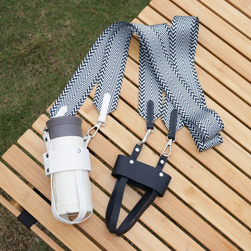 Adjustable Pattern Leather Water Bottle & Thermos Cup Sleeve with Portable Shoulder Strap for Camping & Travel