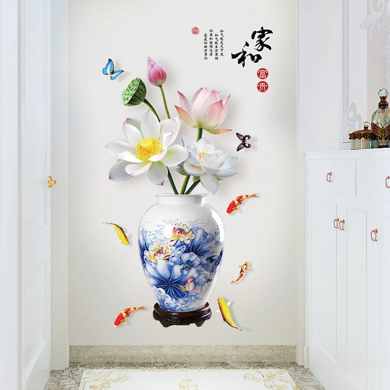Home Wall Decor Self Adhesive 3d Lotus Vase Flowers Stickers Vinyl Sticker