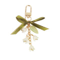 Hot Sale  Creativity Green Ribbon Lily Flower Pearl KeyChain Bag Car Pendantfor Women Girl Holiday Gift