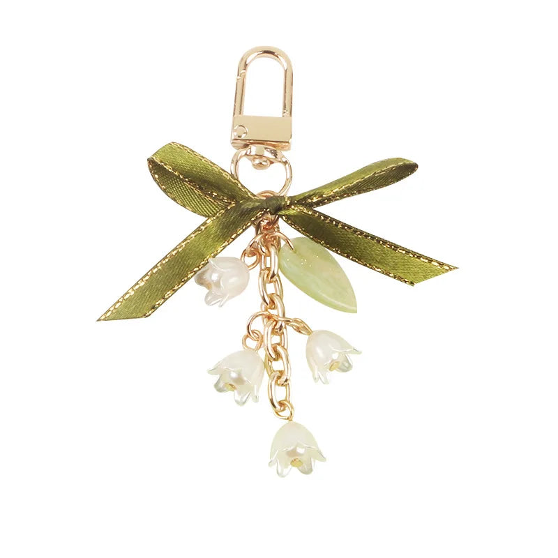 Hot Sale  Creativity Green Ribbon Lily Flower Pearl KeyChain Bag Car Pendantfor Women Girl Holiday Gift