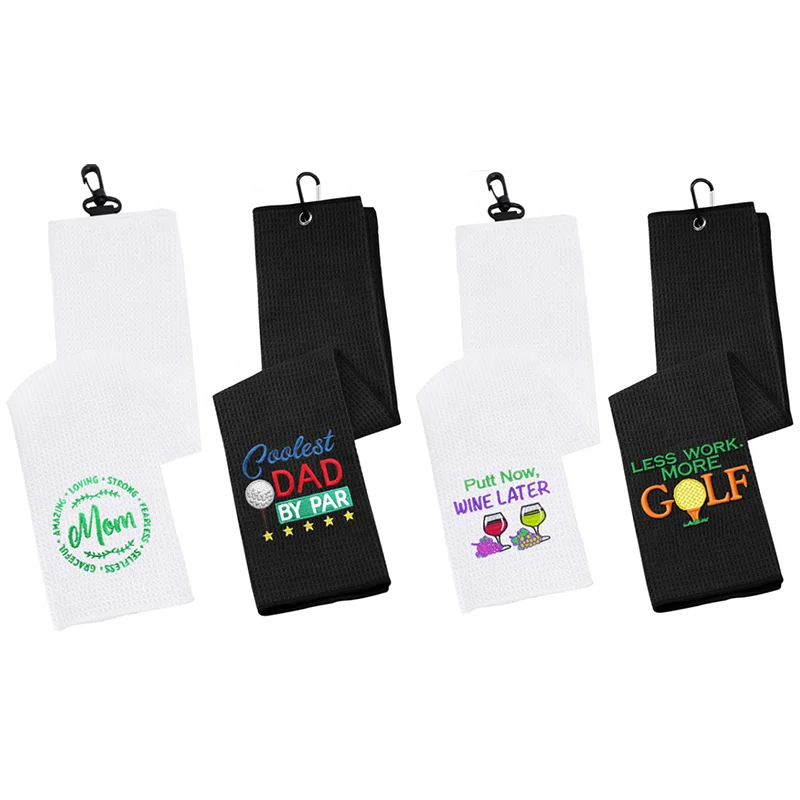 Factory Custom Printed Logo Black White Tri Fold Microfiber Waffle Weave Style Microfiber Golf Towel With Grommet