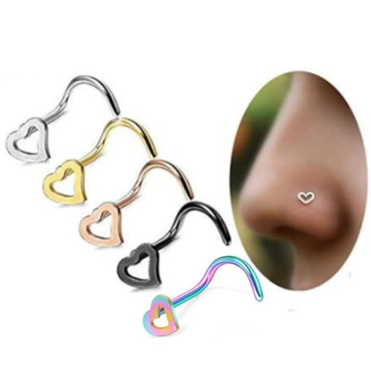 Stainless Steel Heart Piercing Nose Ring Spiral Tail Nose Stud Ring Body Jewelry Gifts