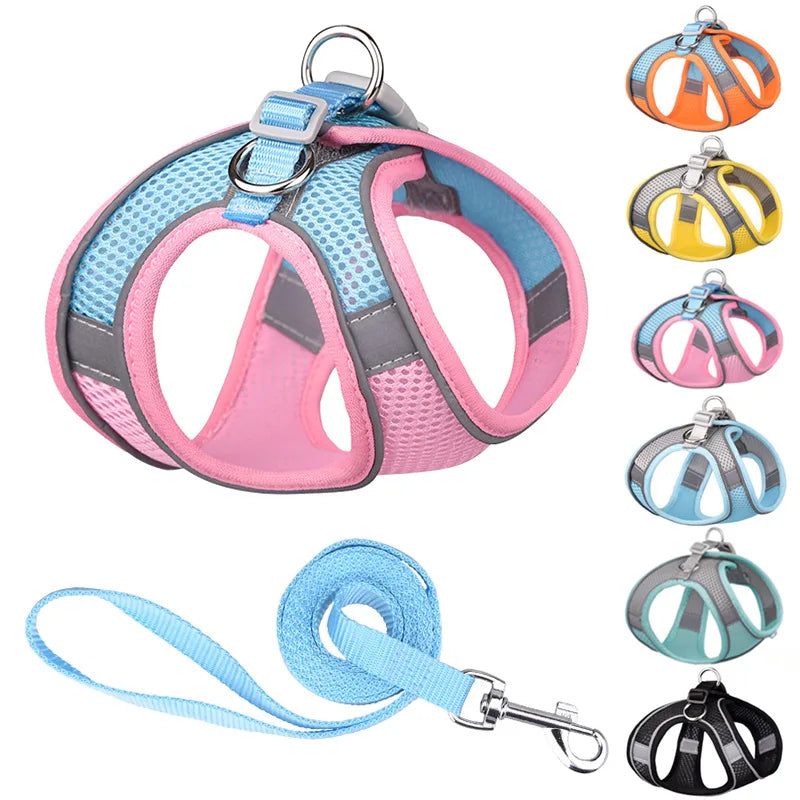 Adjustable Reflective Safety Dog Pet Leash and Harness Set Pet Cat Breathable Mesh Harness Choke Free