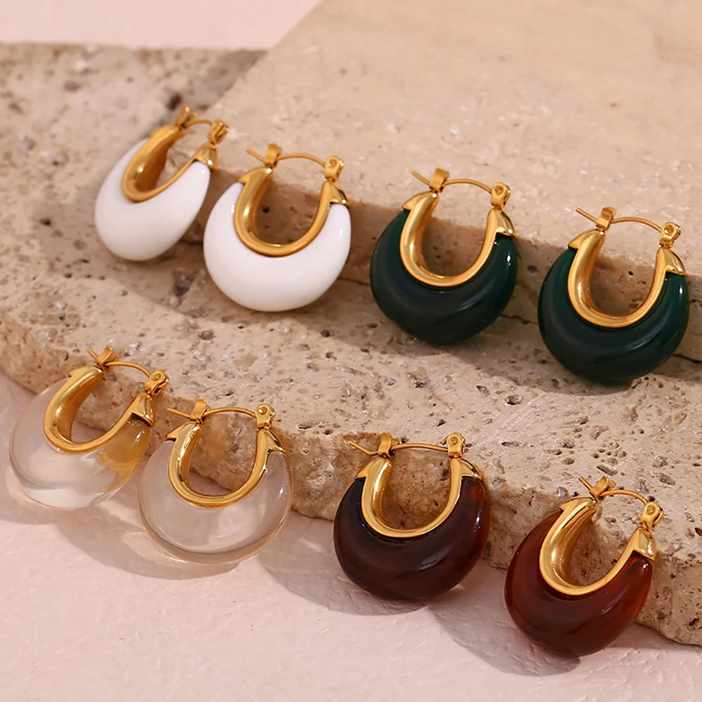 Dreamshow Chunky Colorful Round Acrylic Hoop Earring 18k Gold Plated Stainless Steel Jewelry Earrings