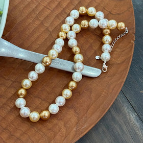 10mm Gold & Grey Shell Pearl Beaded Necklace Bold Chunky Statement Strand Large Two-Tone Pearl Necklace for Modern Women