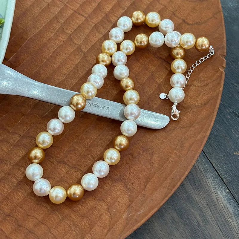 10mm Gold & Grey Shell Pearl Beaded Necklace Bold Chunky Statement Strand Large Two-Tone Pearl Necklace for Modern Women