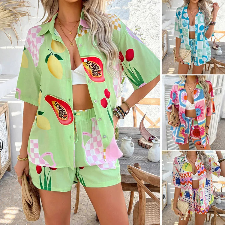 Bohemian Women Set Wholesale Printed Summer Top Custom logo Casual Drawstring Pants Factory Direct