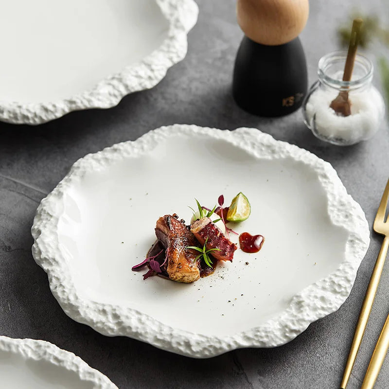 Creative Stone Pattern Ceramic Plate Ins Style Irregular White Shallow Plate