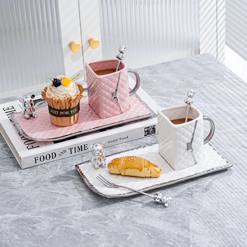 Creative Silver Edge Ceramic Mug and Saucer Set with Bear Spoon and Fork Exquisite Afternoon Tea Cup Set