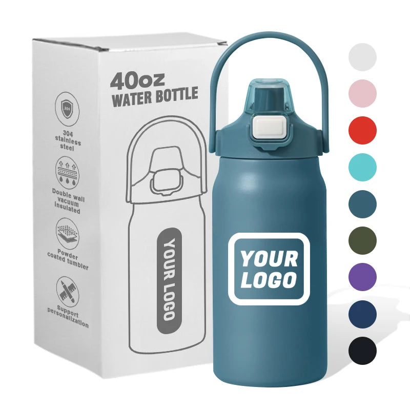 Custom Logo 800ml 1000ml 1200ml 1500ml Sports Gym Stainless Steel Vacuum Insulated Flask Water Bottle With Handle and Straw