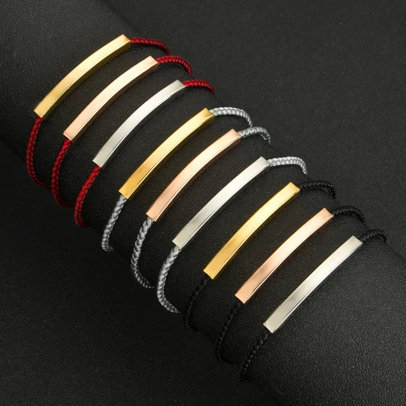 Adjustable Stainless Steel Bracelet Woven Red Rope Engraved Blank Bar Gold Silver Jewelry Fashion Charm Bracelets for Women Men