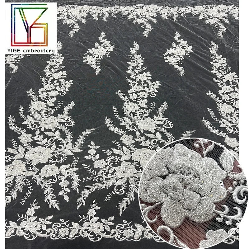 New European Style Pure White Bridal Tulle Lace 3D Beaded Shiny Sequins Wedding Bridal Lace Dress Fabric