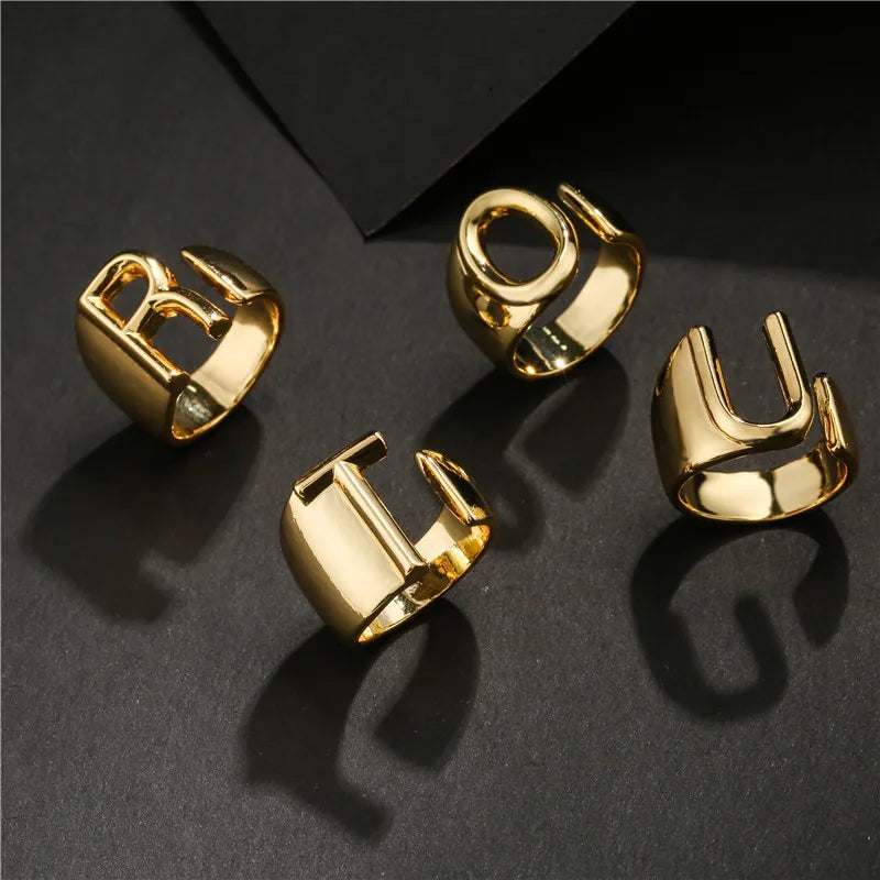 Plated a to Z Initial Letter Adjustable Open Ring Alphabet Jewelry Gold for Woman and Men Trendy copper Dy Copper 2pcs