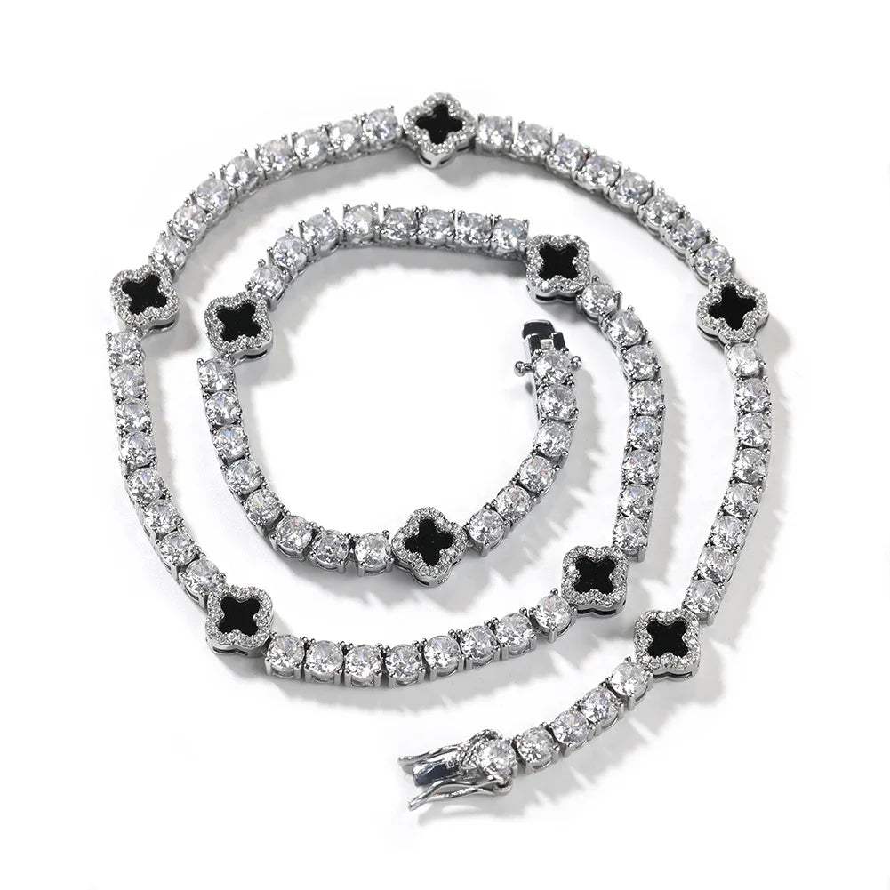 AAAAA CZ Diamond Black 4mm Four Leaf Clover Tennis Necklace Fashionable Hypoallergenic Brass Jewelry for Women Men Zircon