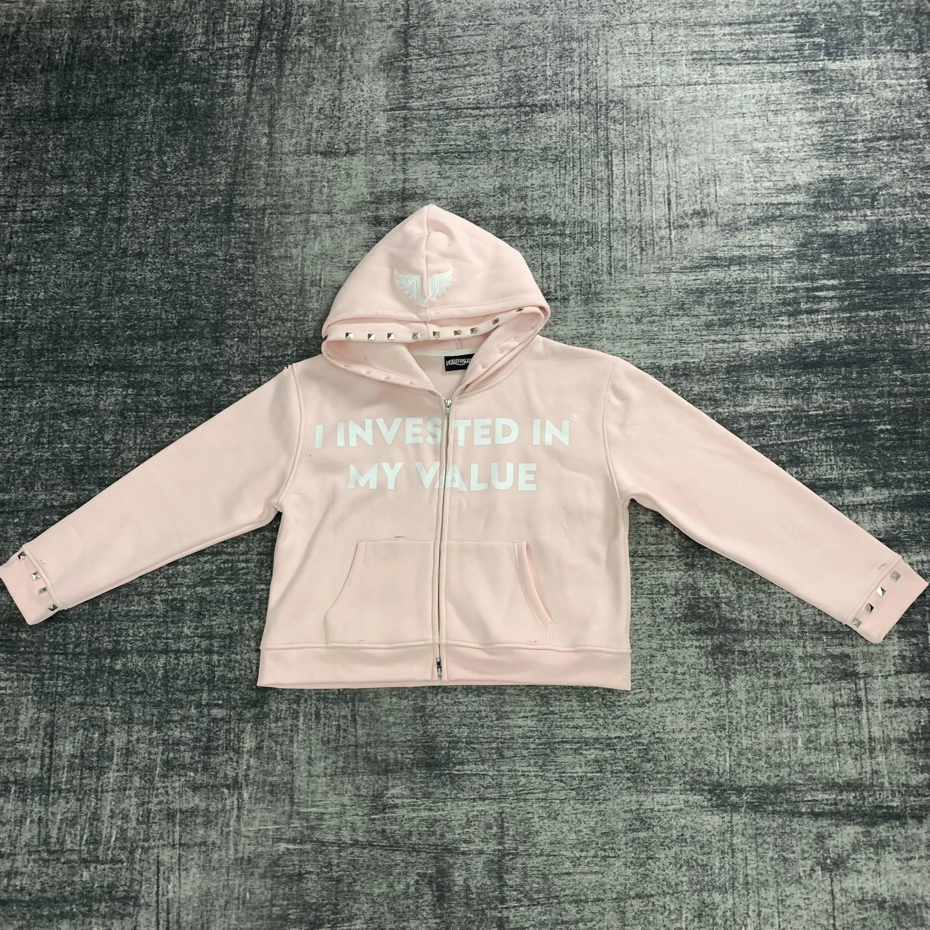 DENIMGUYS Custom Mens Screen Print Hoodie 500gsm Streetwear Oversize Men Zipper up Double Embroidery Metal Stud Hooded Hoodie