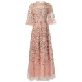 RNSHANGER Fashion Pink Women's Floral Printed Embroidered O-Neck Short Sleeve Empire Waist A-Line Elegant Banquet Dress
