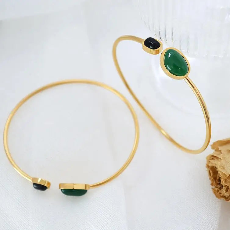 Court Style Noble and Elegant Retro Green Black Agate Bracelet Stainless Steel Plated 18 Gold Pulsera De Acero Inoxidable