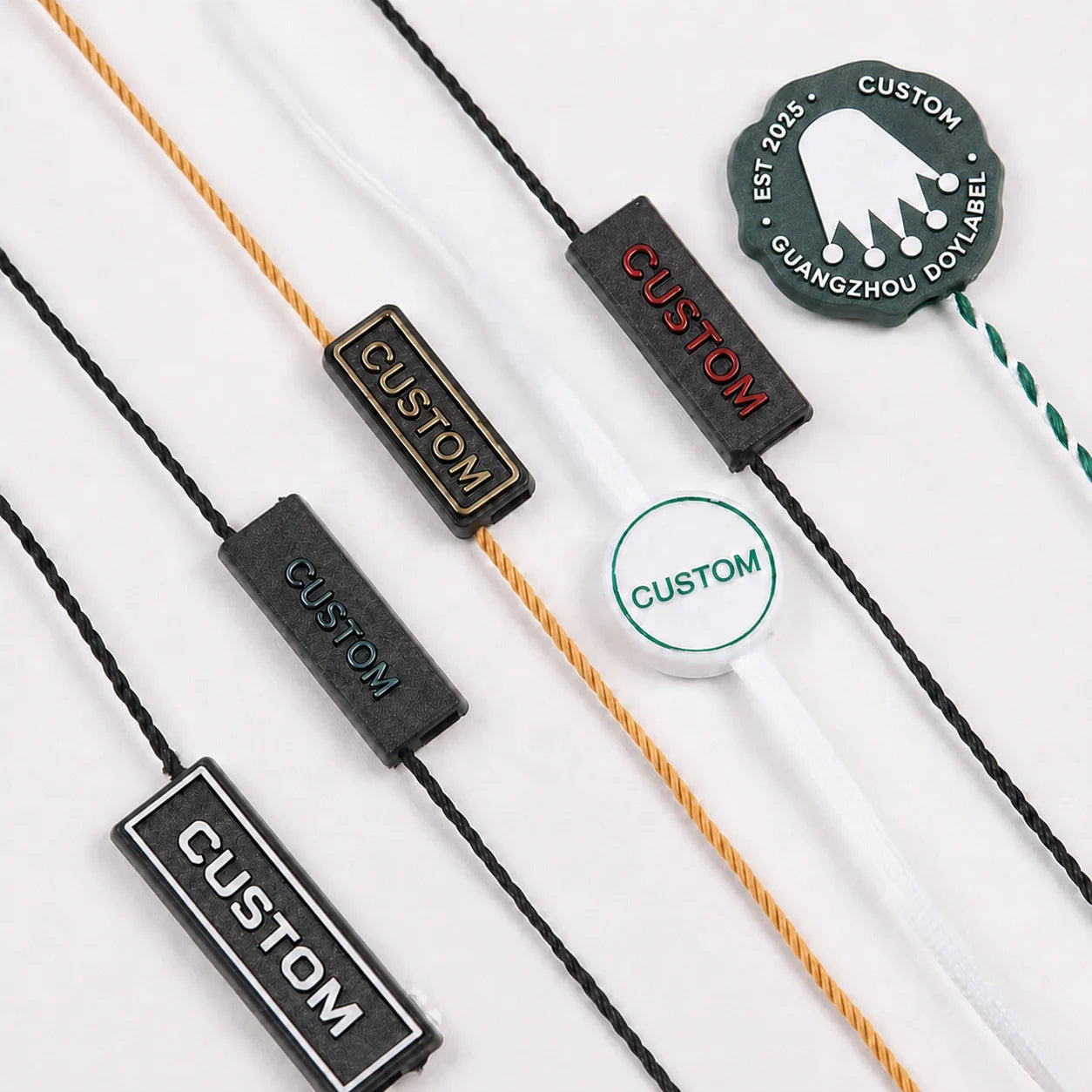Garment Hangtag Polyester Strings Wholesale Custom Logo Seal Lockable Plastic Hang Tags Strings for Clothing