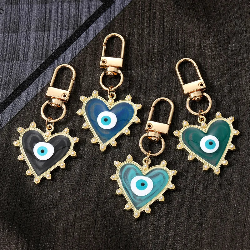 Gold Enamel Heart Evil Eye Charm Key Ring Turkish Evil Eye Keychains for Bag Charm