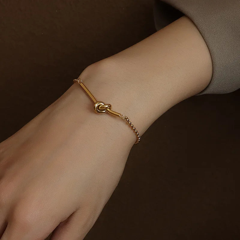 18K PVD Gold Plating Stainless Steel Beads Chain Love Knot Pendant Bracelet for Women