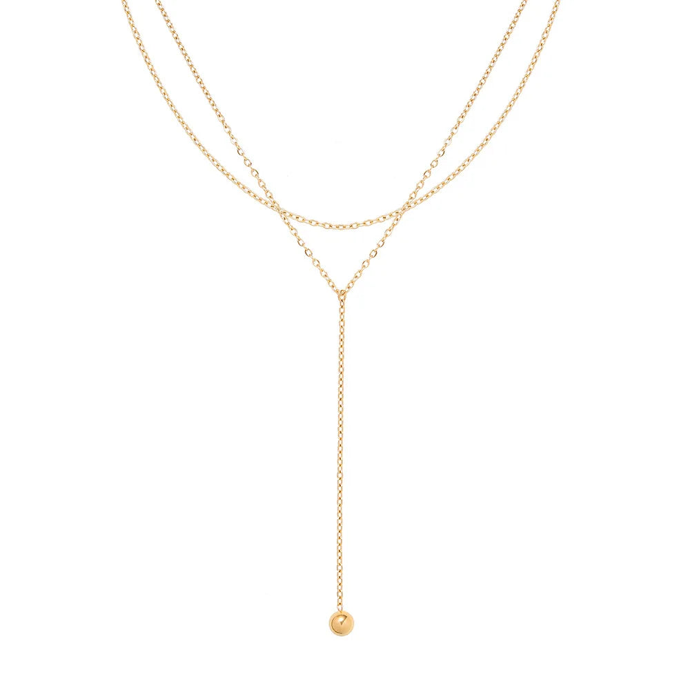 Wholesale Women's Double-Layer Y Necklace European American Style Titanium Steel Ball Drop Pendant Stainless Steel Jewelry