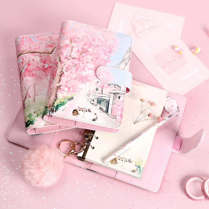 Cute Candy Korean Cat Hardcover Leather Binder Spiral Notebooks Kawaii Girls Romantic Cherry Blossom Series Notebook  A6