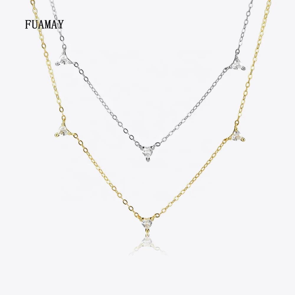 FUAMAY Women's Gold-Plated 925 Silver Trio Diamond Heart Choker Necklace Petite Chain with Zircon Main Stone for Weddings Gifts