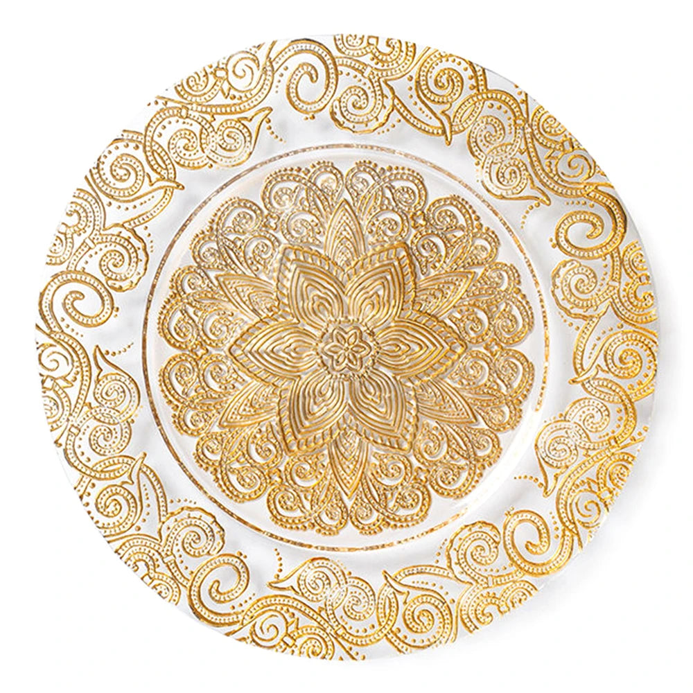 Luxury Serving Tray Round Gold Flower Pattern Glass Charger Plate Western Restaurant Beef Food Plate Wedding Tray