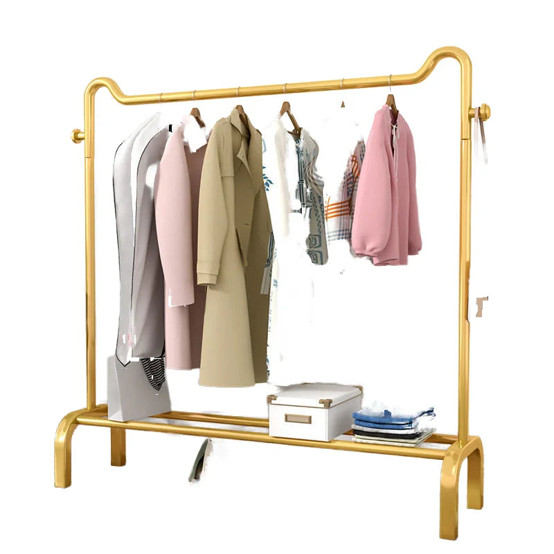 Simple Metal Double Pole Storage Clothes and Hat Rack Floor Bedroom Folding Hanger with Standing Installation for Drying Tools