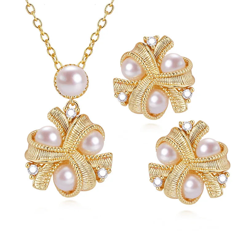 Best Selling Elegant Women Wedding Pearl Earrings Necklace Set Simple 18K Gold Plated Flower Freshwater Pearl Jewelry Sets