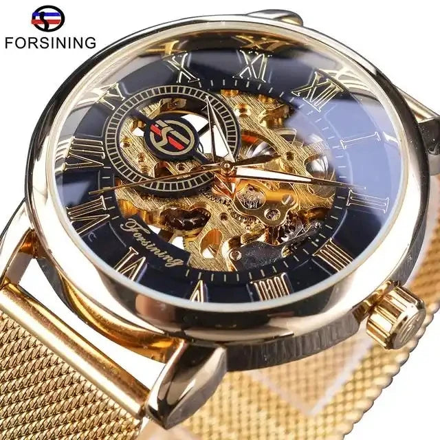 Winner Top New New 2023 Luxury Thin Case Full Golden Design Retro Openwork Clock Mesh Band Men's Mechanical Watches Gift