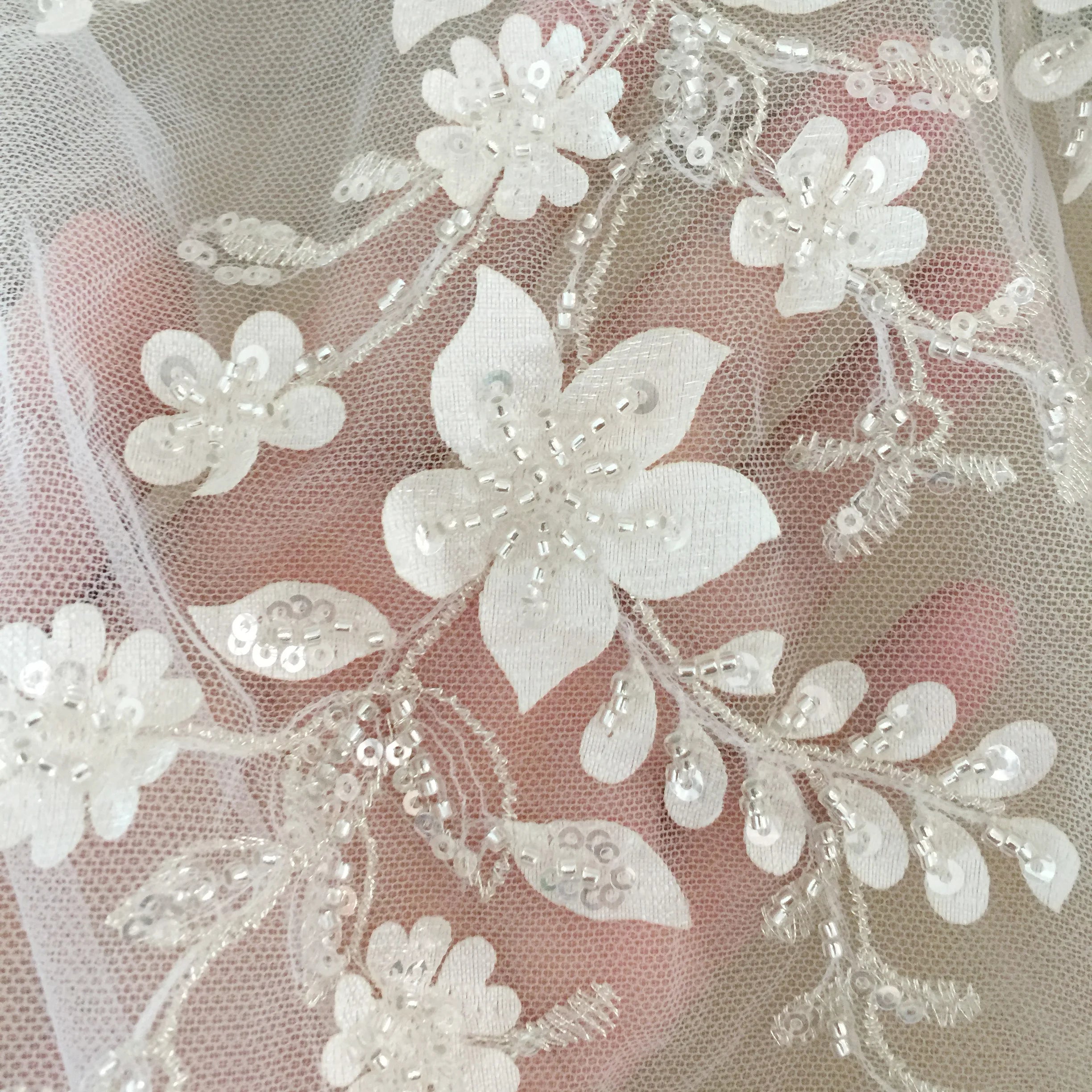 Luxury Beaded Applique Bridal Lace Mesh Fabric Silver Embroidery Flowers Leaves Sequins High-end Garment Fabric 100% Polyester