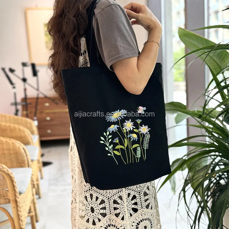 White Canvas Tote Embroidery Bag Kit with Pattern and Instructions Canvas Bag Set Embroidery Kit