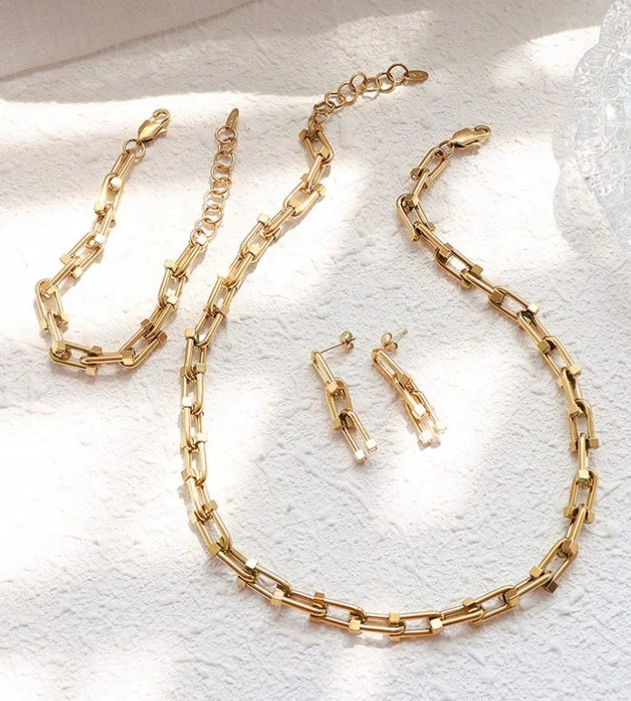 Hot Selling Stainless Steel Jewelry Thick Vachette Clasp U Shape Link Chain Necklace Bracelet Earrings Set