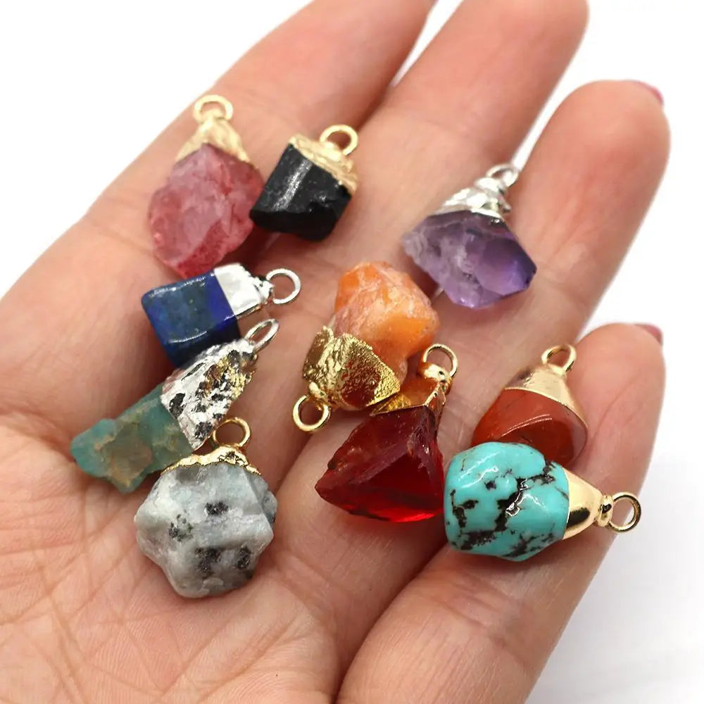 Multi-Color Chalcedony Natural Crystal Raw Stone Gilded Pendant Stainless Steel Chain Metal Edged Irregular Pendant Necklace