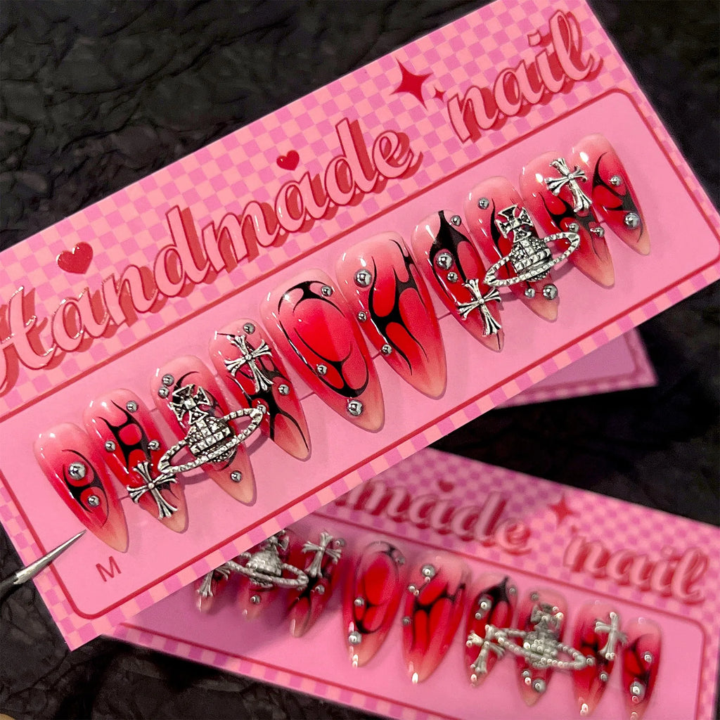 10 Pcs High-end Flame and Planet Cup Design Nail Art Almond Shape Acrylic Press on Nails Customize False Nails SP171