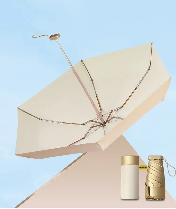 Gold Mini Capsule 5-Folding Nylon Minimalist Business Gift Sun Umbrella with Customized Logo Manual Opening UV Protection 6-Rib