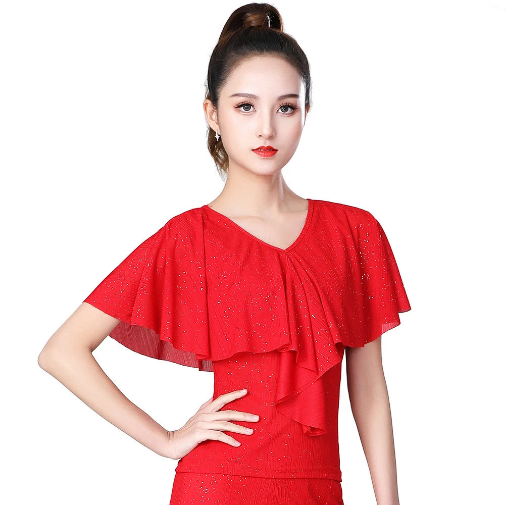 Plus Size National Standard Social Dance Latin Dance Lotus Leaf Leader Short Sleeved Blouses Top