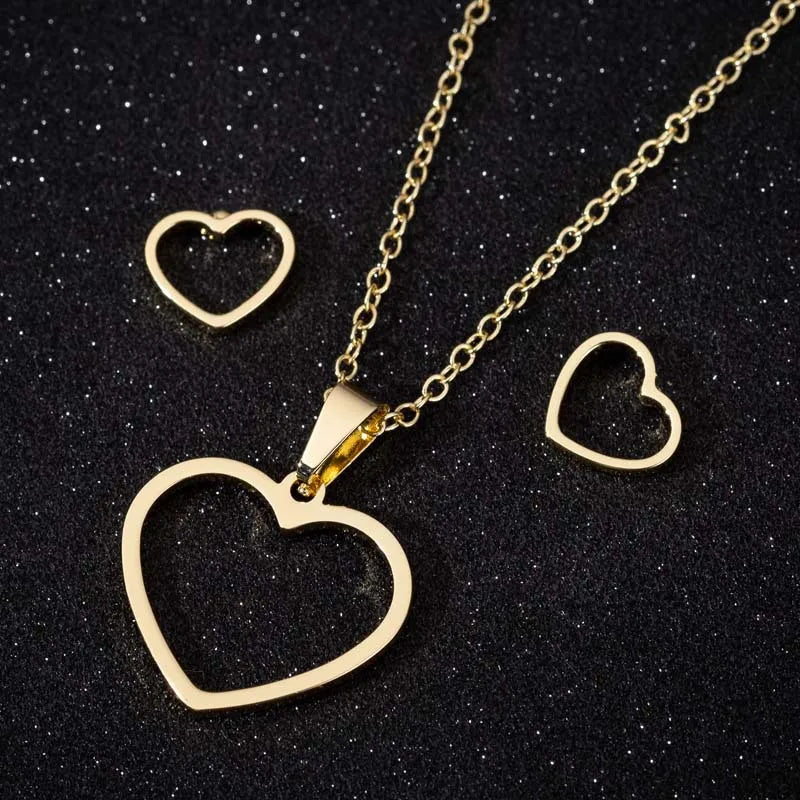 Dainty Female Gift 18K Gold Silver Plated Stainless Steel Hollow Out Pendant  Earring Necklace Jewelry Set for Women Ladies