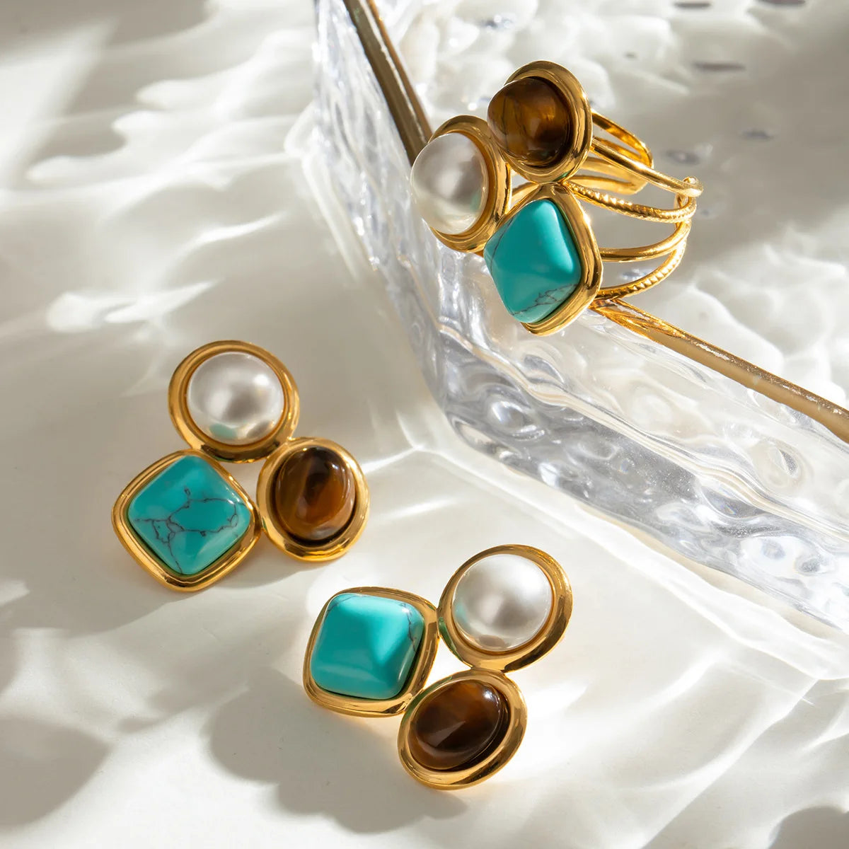 Unique Design Inlaid With Three Colored Zircon Gold Silver Stainless Steel Earring