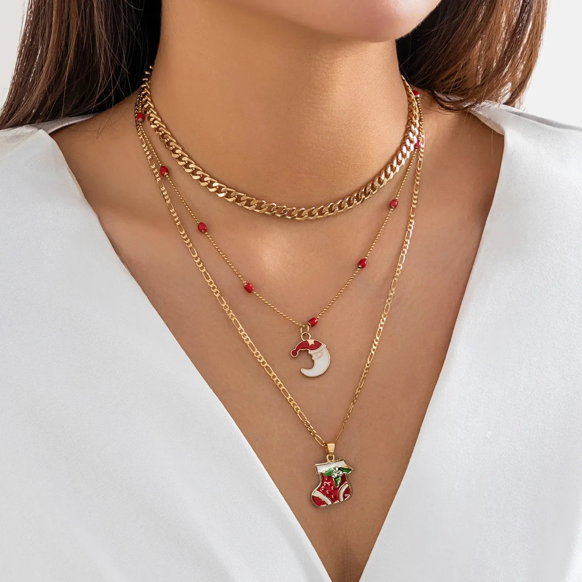 Trendy Double-Stranded Copper Alloy Necklace Lab Created Imitation Pearl Moon Pendant Anniversary Accessories Women Girls