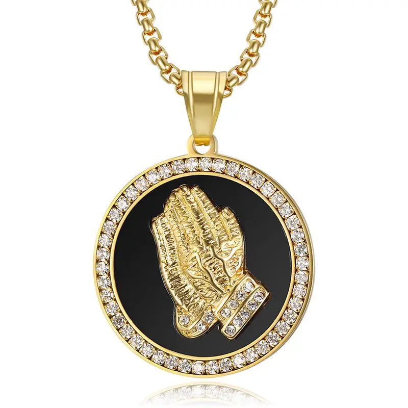 Stainless Steel Gold Plated Iced Out Zircon Diamond Praying Hands Pendant Necklace