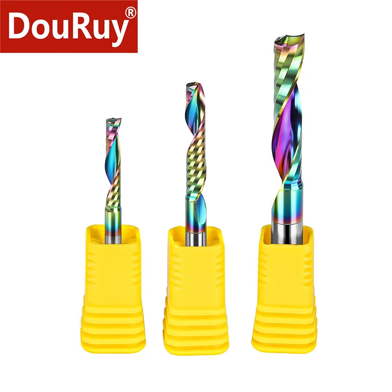 Douruy 2A Single Flute up Cut Coated Milling Cutter Carbide End Mills Cutting Tool Spiral Router Bits