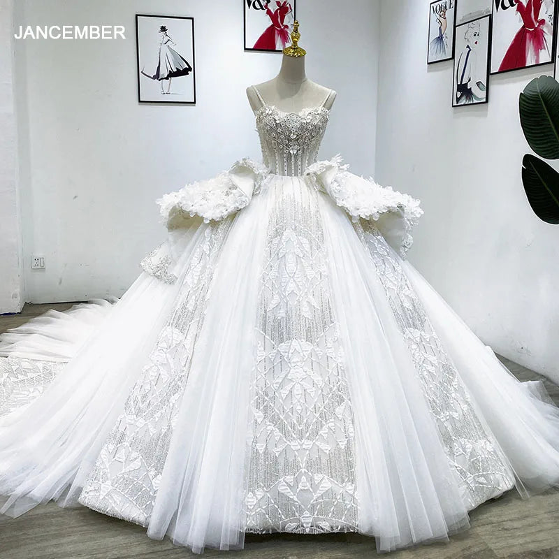 Jancember Wm014 Modest Flower Spaghetti Strap Sequins Bridal Ball Gown Wedding Dress