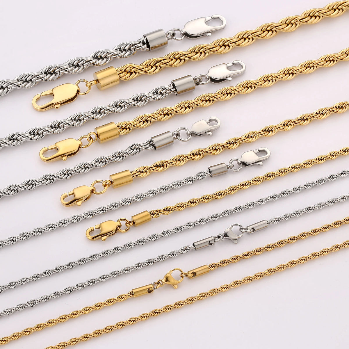 14K Real Gold Plated Rope Chain 3mm 4mm 5mm Twist Chain Men Women Waterproof Jewelry Stainless Steel Necklace MegaBDM