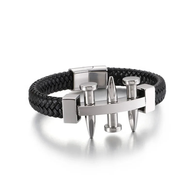 New Nail Leather Jewelry Fashion Brand Simple Woven Stainless Steel Leather Bracelet