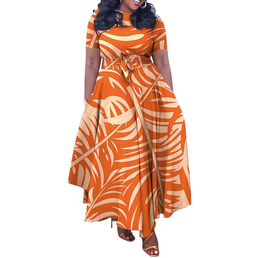 Stylish Belted Geometric Pattern Print Short Sleeves Long Dress