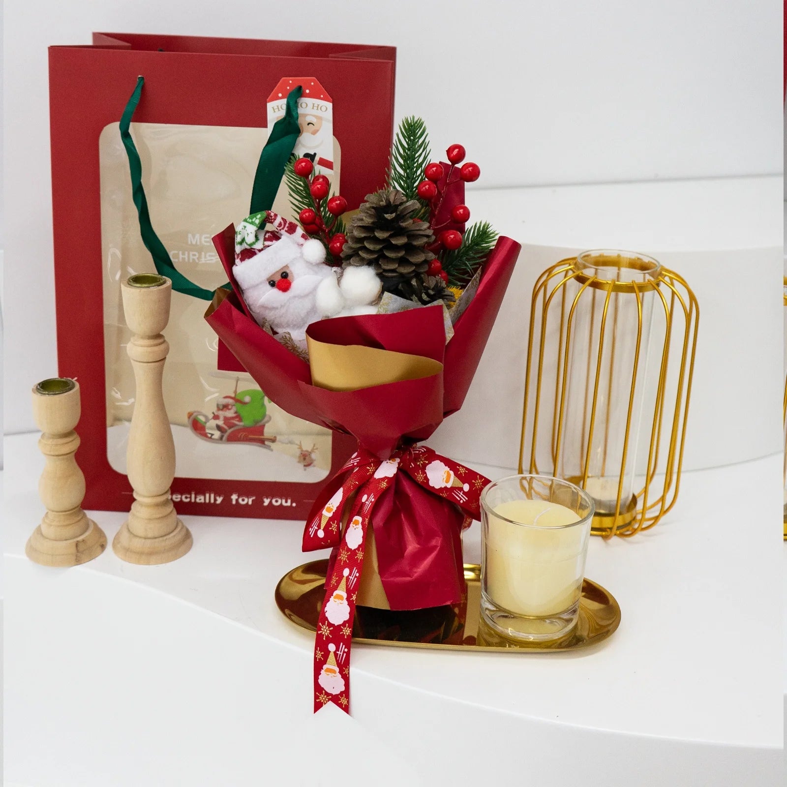 UKIQUEEN Christmas Gift Red Artificial Christmas Bouquet with  Snowman Plush Pine Cone Christmas Holly