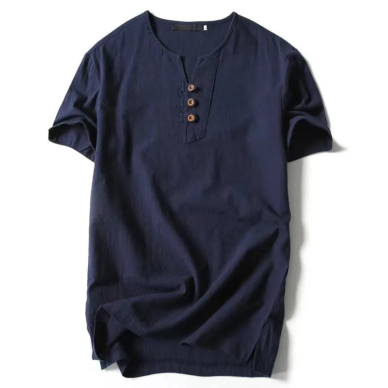 Summer New Design Hemp T-shirt Loose Short Sleeve Eco-friendly Hemp Cotton Clothing Button Men's T Shirt